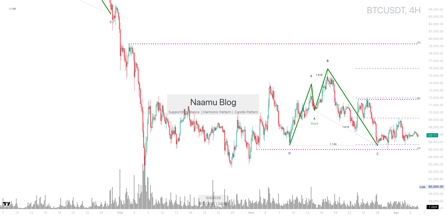 BTC 차트 분석 — 69K 지지선과 Shark 하모닉 패턴